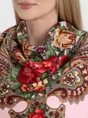 Зелёный хаки платок женский, в русском стиле, с бахрамой, с цветами