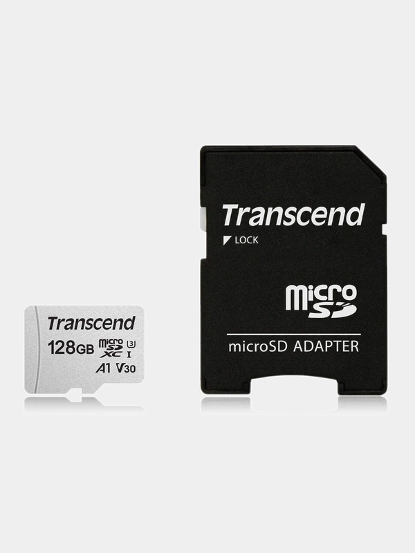 Карта памяти microSDXC UHS-I U3 Transcend 128 ГБ, 100 МБ/с, TS128GUSD300S-A, переходник SD