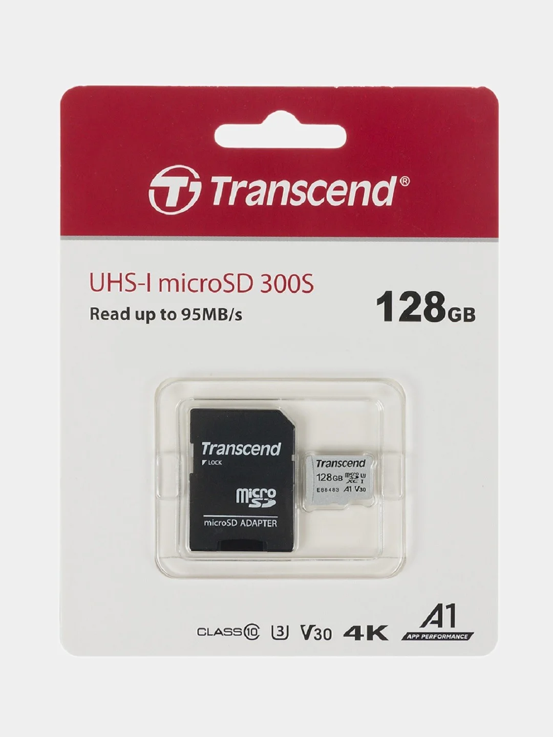 Карта памяти microSDXC UHS-I U3 Transcend 128 ГБ, 100 МБ/с, TS128GUSD300S-A, переходник SD