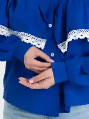 Синий рубашка блузка женская с рюшами