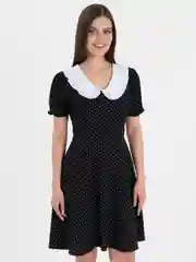 Черный платье женское, с коротким рукавом, в горошек, с белым воротником