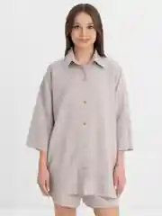 Серый женский льняной костюм с шортами
