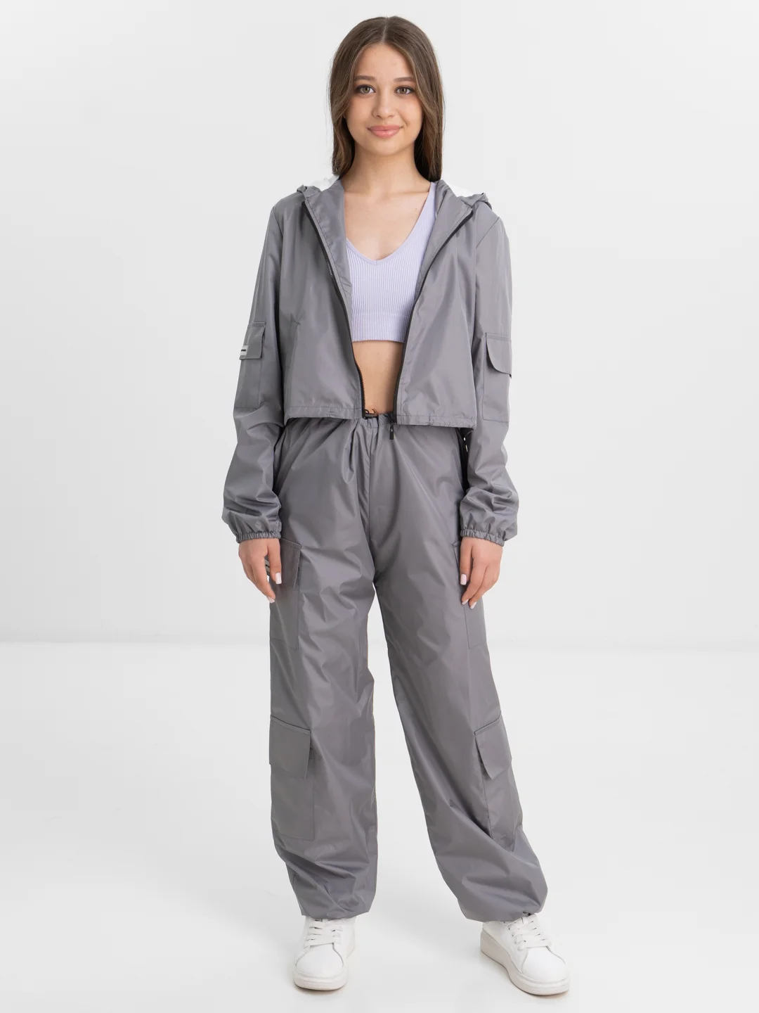 Серый костюм с укороченной курткой one size