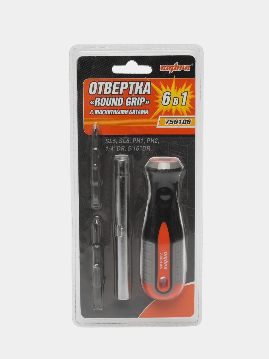 750106 Отвертка стержневая 6 в 1 ROUND GRIP 1/4",5/16"DR, SL5,6, PH1,2