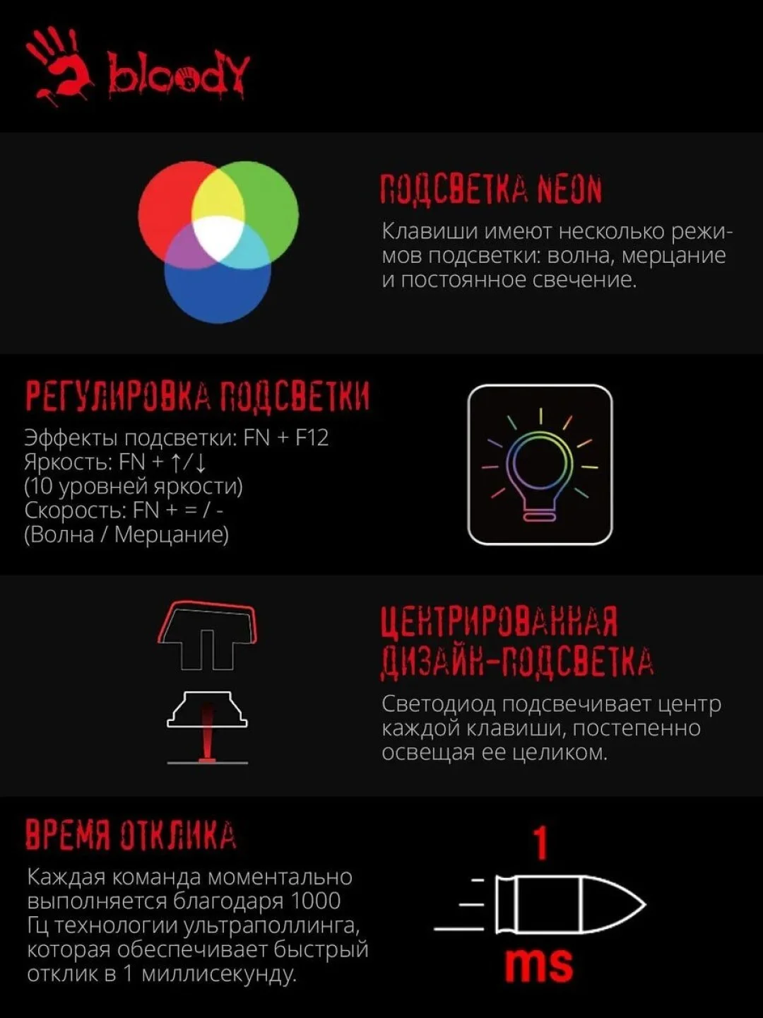 Красный клавиатура игровая A4Tech Bloody B318 / B150N, мембранная, USB, с подсветкой