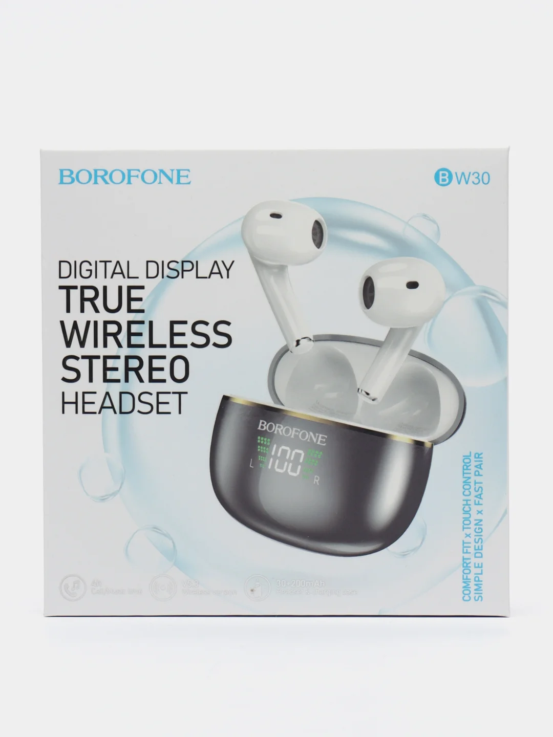 Наушники беспроводные Borofone BW30, вкладыши, TWS, микрофон, BT5.3, 30/200 мАч, серые