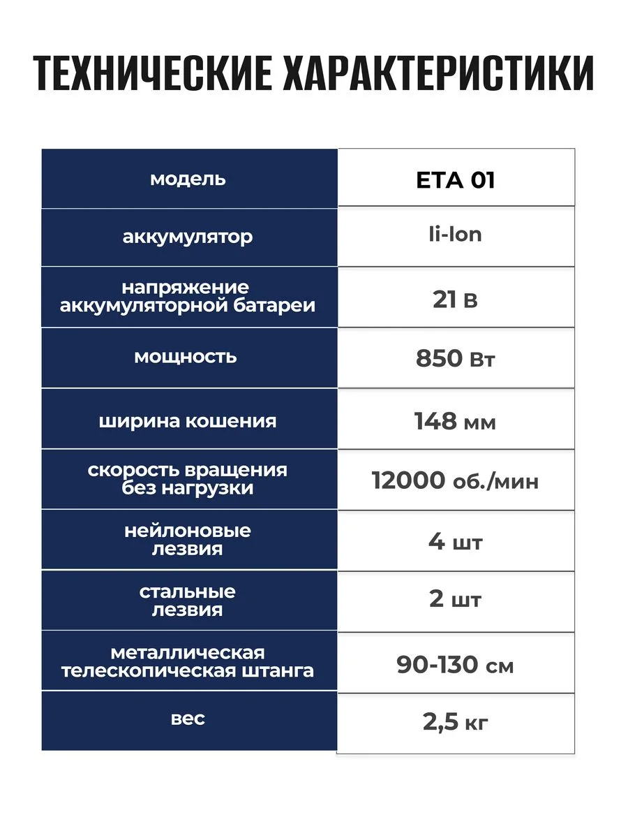 Триммер садовый аккумуляторный для травы ELECTROLITE ЕТА 01(7 насадок,телескопический вал)
