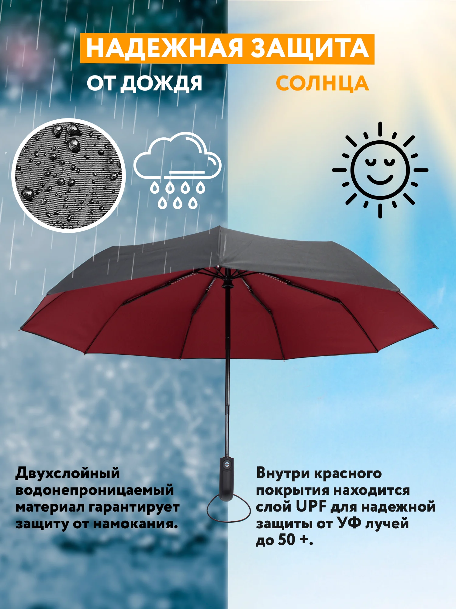 Красный зонт-автомат антиветер. Ветрозащитный зонтик, антишторм женский, мужской, автоматический