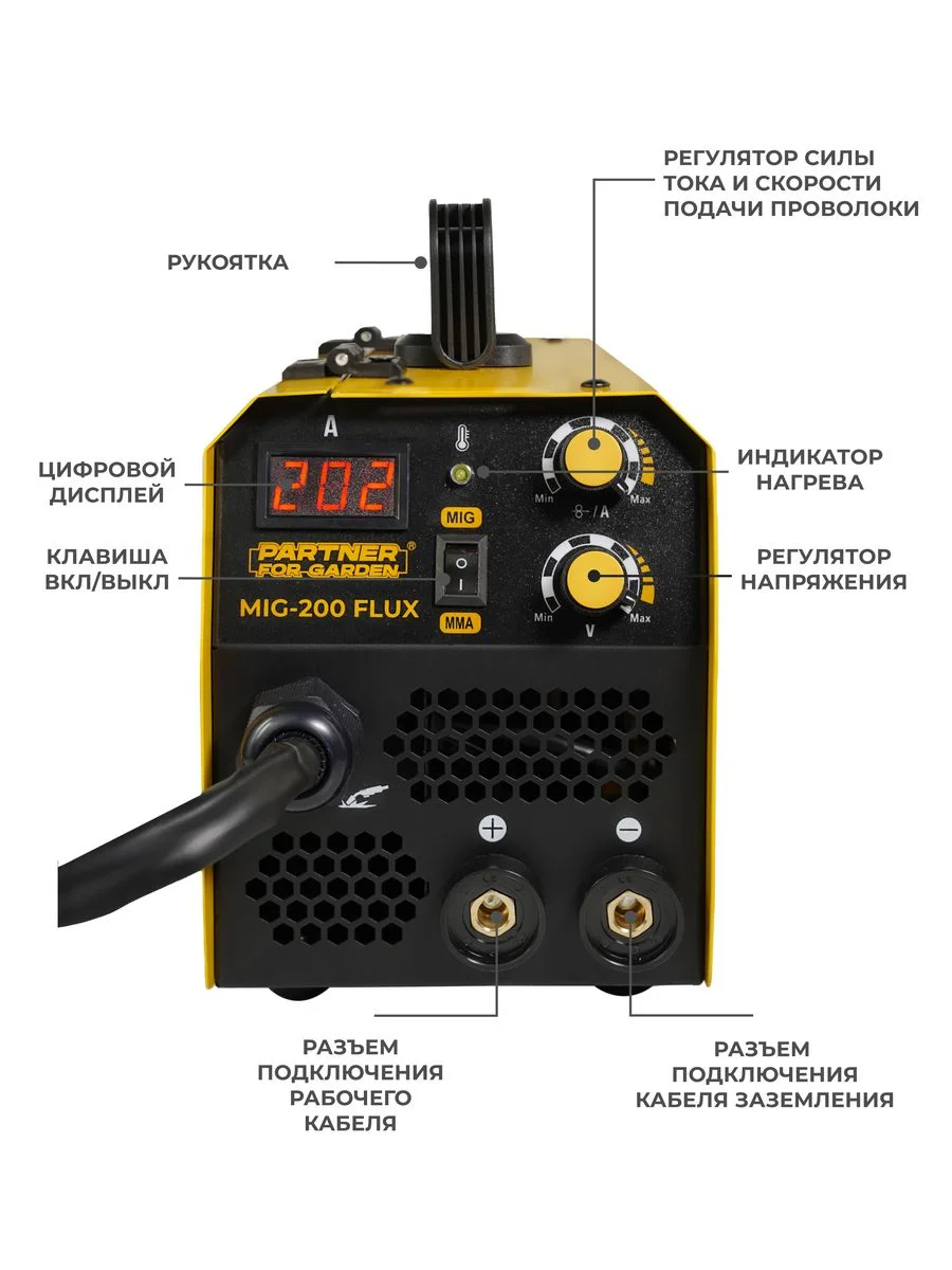 Сварочный аппарат инвертор Partner for Garden MIG 200Flux без газа 2 В 1(MMA/MIG FLUX)IGBT