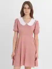 Розовый платье женское, с коротким рукавом, в горошек, с белым воротником