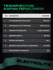 Угловая шлифовальная машинка ELECTROLITE УШМ 180/2000 180 мм, 2000 Вт