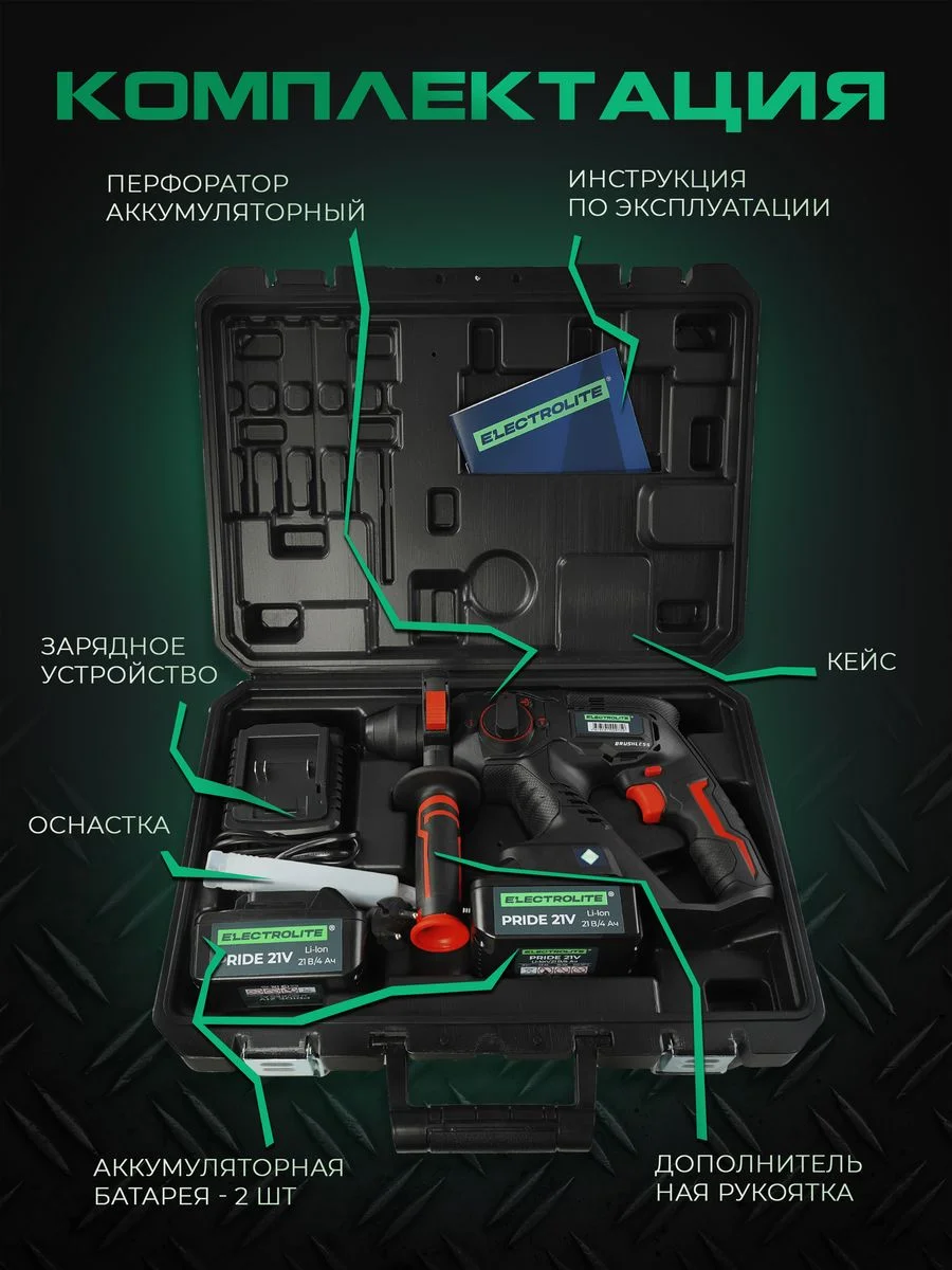 Перфоратор аккумуляторный ELECTROLITE BHD 26-21V(21В, 2.6 Дж, 2 АКБ Li-ion 4А*ч, ЗУ, SDS+)
