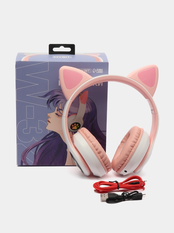 Наушники-Кошки MYBIT W-32, беспроводные, MIC, BT 5.0, AUX, microSD, MP3, 400 мАч, розовые