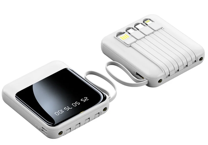 Черный powerbank со встроенными кабелями, Lightning, Type-C, фонарик, 20000 mAh