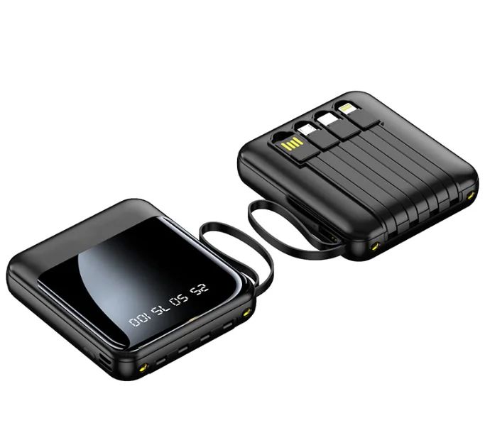 Черный powerbank со встроенными кабелями, Lightning, Type-C, фонарик, 20000 mAh