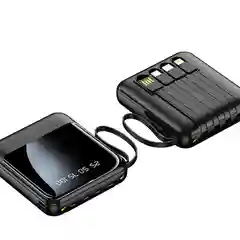 Черный powerbank со встроенными кабелями, Lightning, Type-C, фонарик, 20000 mAh