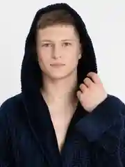 Темно-синий мужской махровый халат, с капюшоном