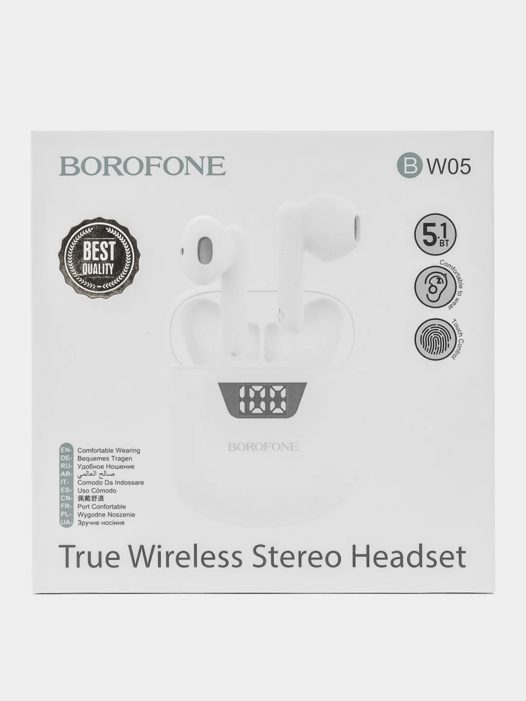 Наушники Borofone BW05 Pure, TWS, вкладыши, Bluetooth 5.1, 30/250 мАч, дисплей, белые