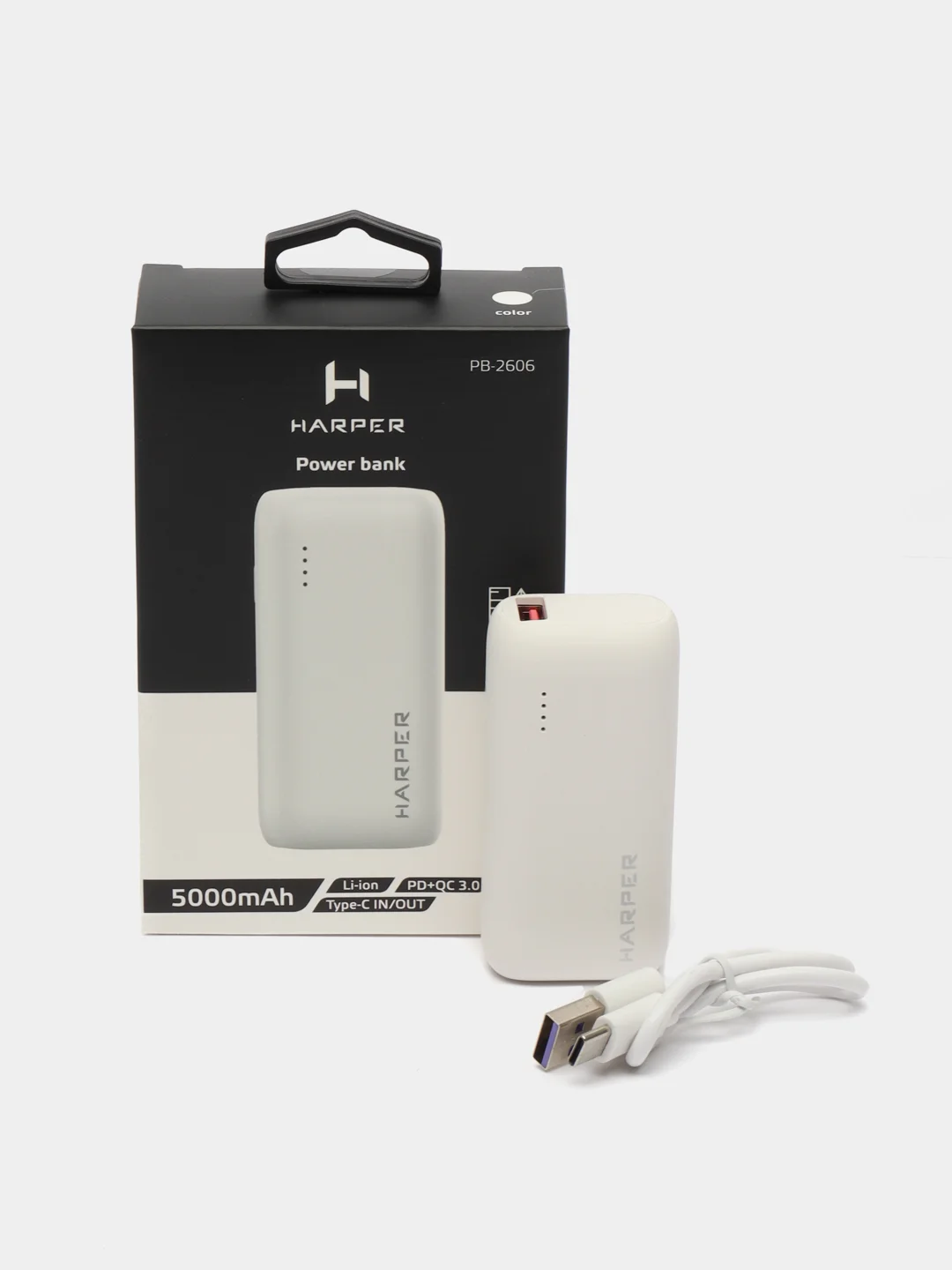 Белый внешний аккумулятор Harper PB-2606, 5000 мАч, Type-C и USB, гарантия 1 год