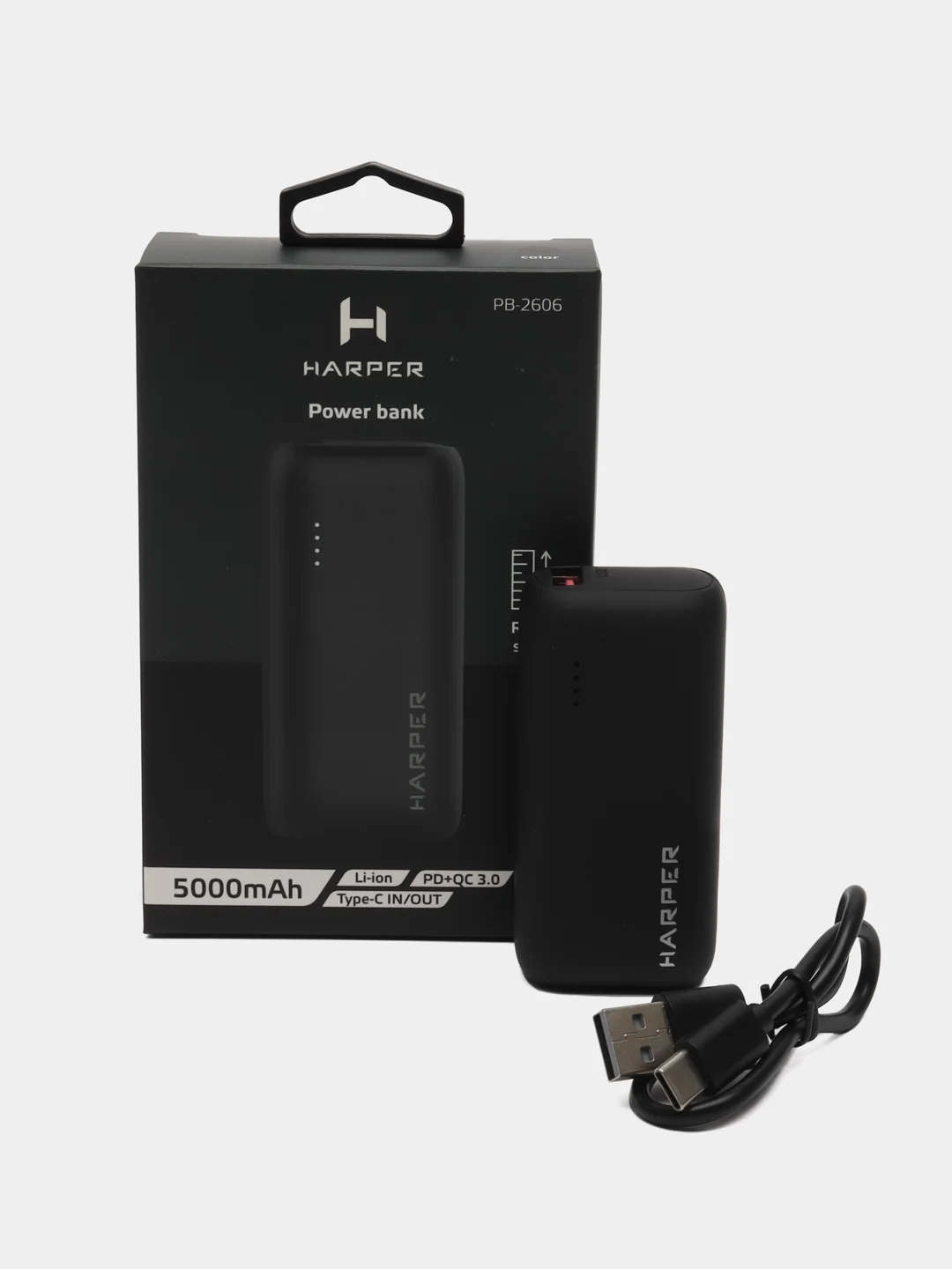 Черный внешний аккумулятор Harper PB-2606, 5000 мАч, Type-C и USB, гарантия 1 год