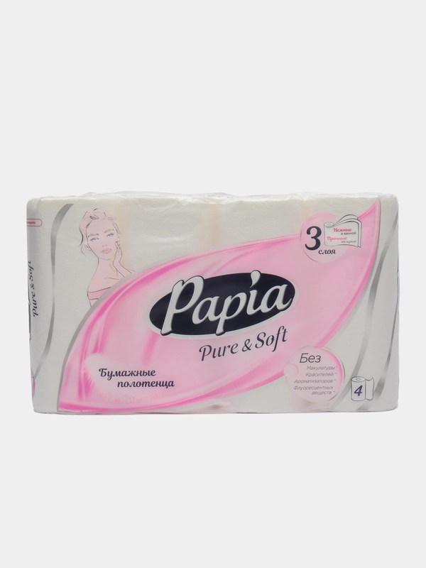 Полотенца бумажные Papia Pure&Soft трехслойные, 4 рулона, 90 листов, белый, без запаха