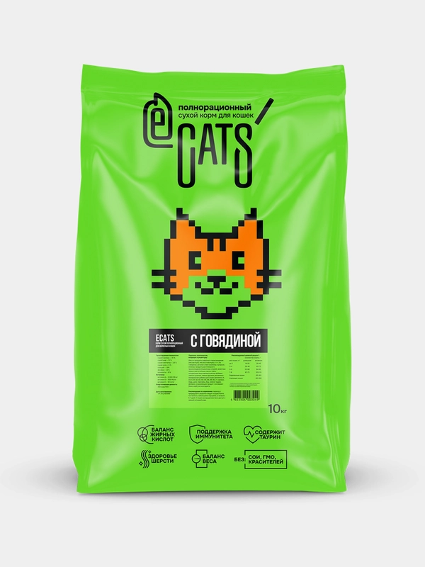 Корм сухой ECATS для кошек с говядиной, 10 кг