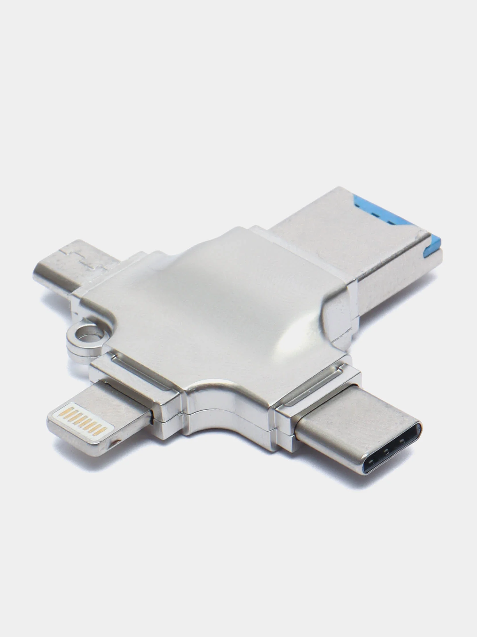 Серебряный переходник адаптер OTG 3.0 на Айфон iPhone, Lightning + MicroUSB + Type-C + MicroSD + USB