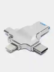 Серебряный переходник адаптер OTG 3.0 на Айфон iPhone, Lightning + MicroUSB + Type-C + MicroSD + USB