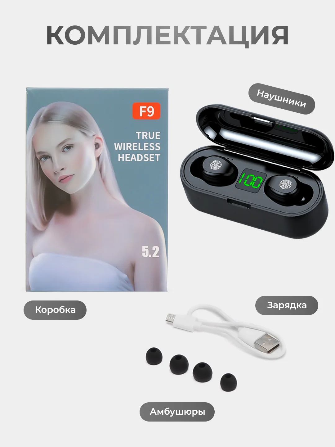Наушники беспроводные TWS F9, Bluetooth, с Power bank
