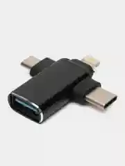 Черный переходник адаптер для айфона iPhone OTG 3.0, Apple Lightning + USB + Type-C + MicroUSB