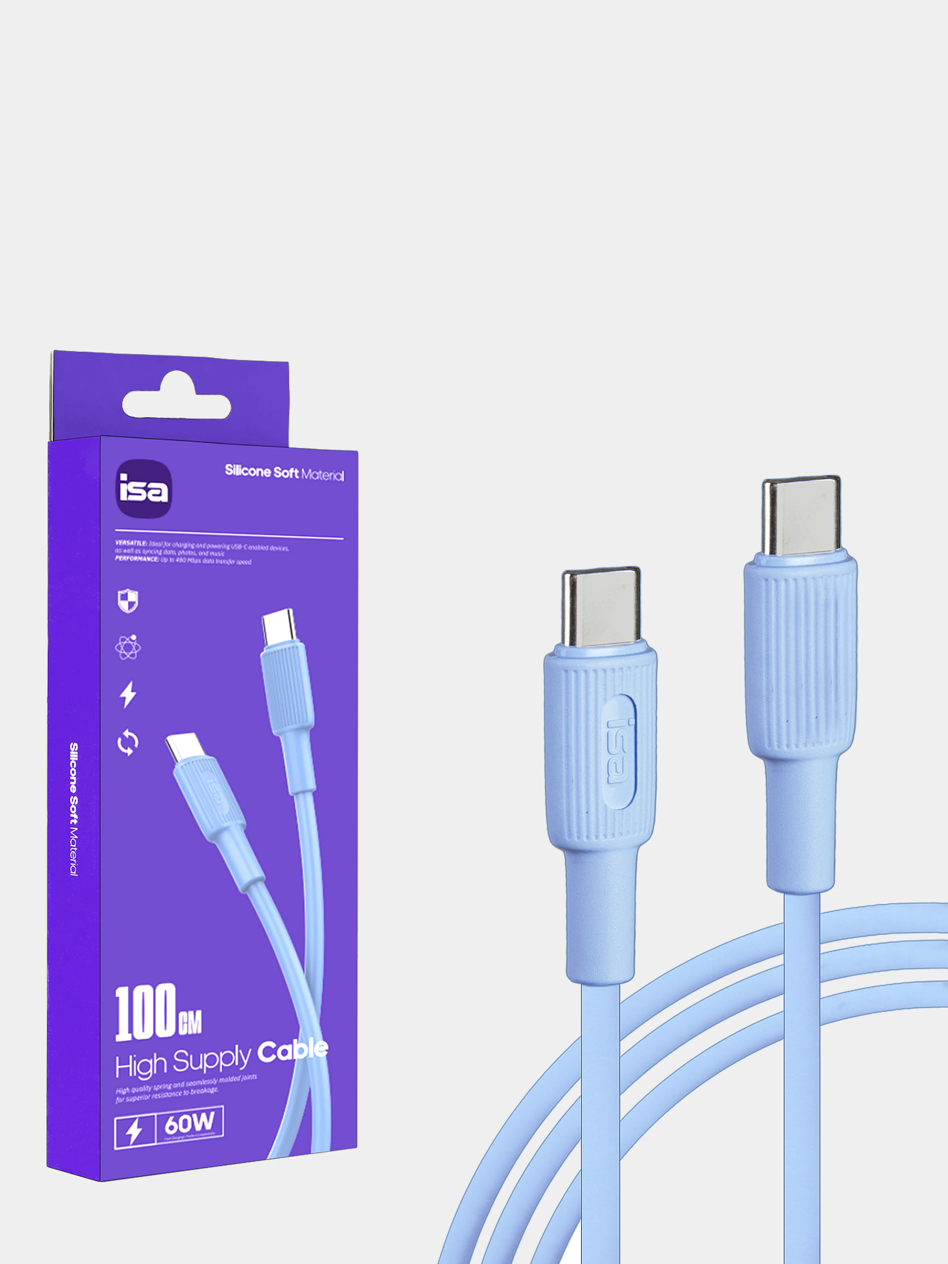 Белый кабель для быстрой зарядки ISA силиконовый Type-C / Type-C, 60W