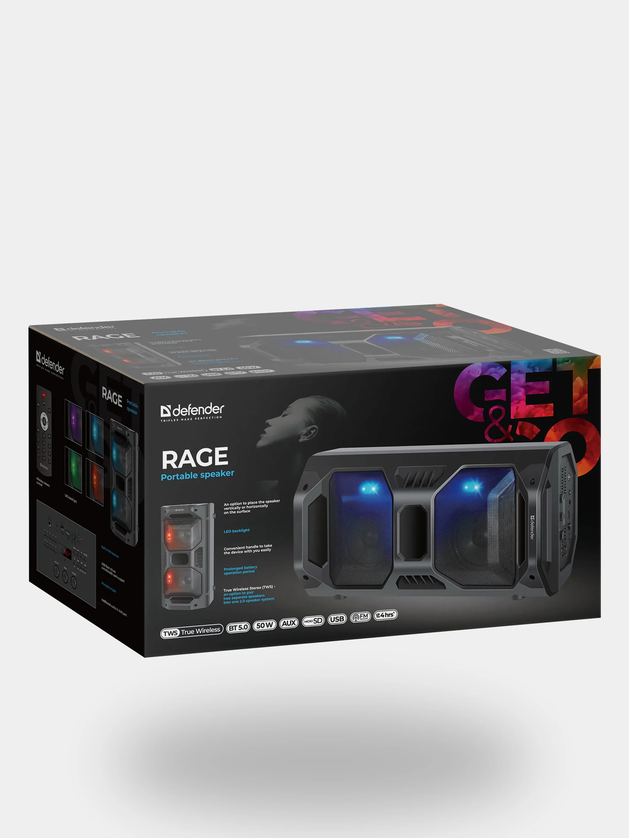 Bluetooth-колонка с подсветкой Defender Rage 50Вт TWS (Bluetooth/USB/MicroSD/FM)
