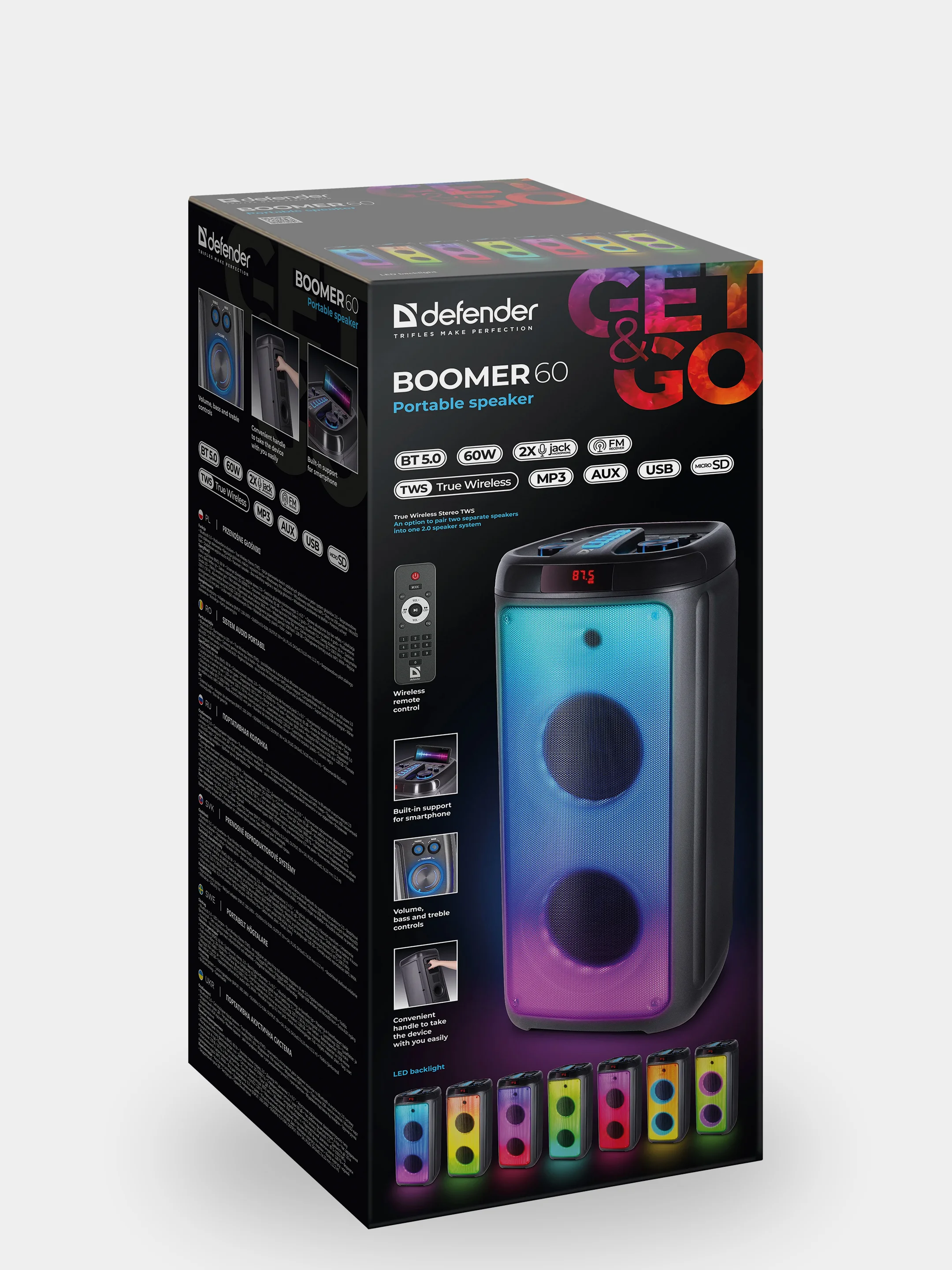 Колонка портативная Defender Boomer 60, 60Вт, Bluetooth/FM/USB/AUX/LED