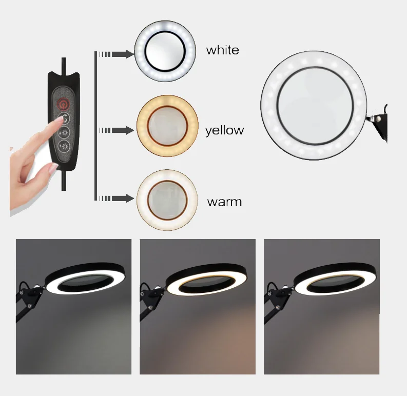 Белый лампа лупа настольная кольцевая круглая с подсветкой LED, USB на струбцине