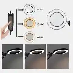 Белый лампа лупа настольная кольцевая круглая с подсветкой LED, USB на струбцине