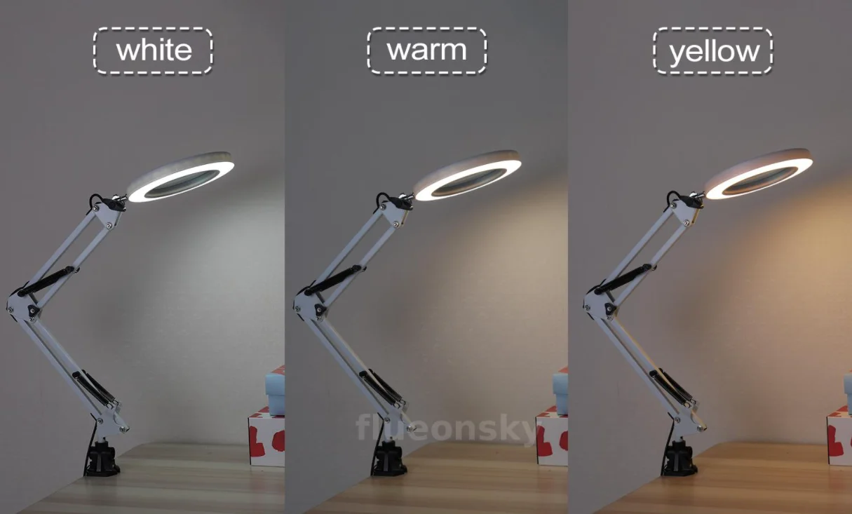 Белый лампа лупа настольная кольцевая круглая с подсветкой LED, USB на струбцине