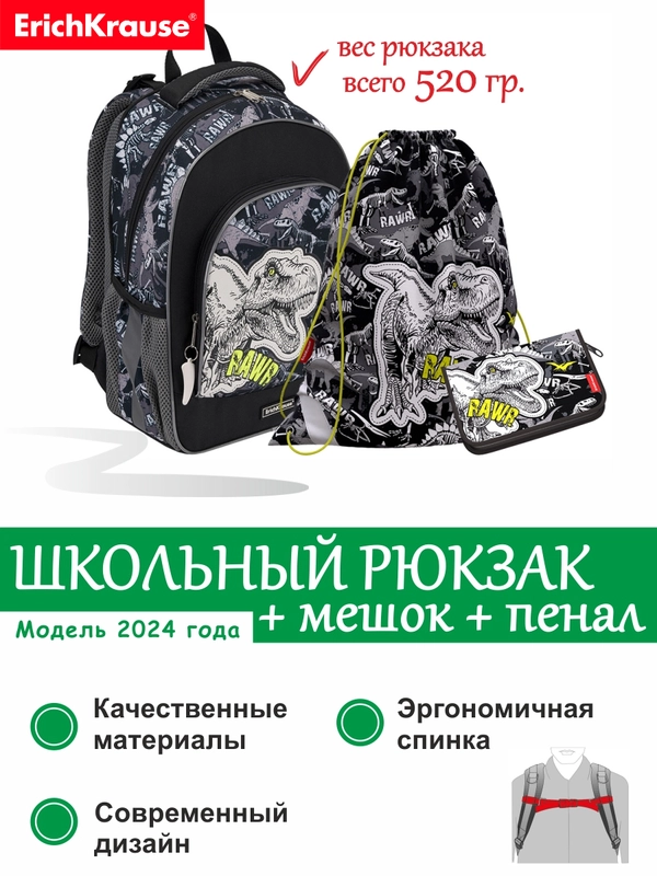 Рюкзак школьный ErichKrause 15L Dinosaur с мешком и пеналом 51606/1