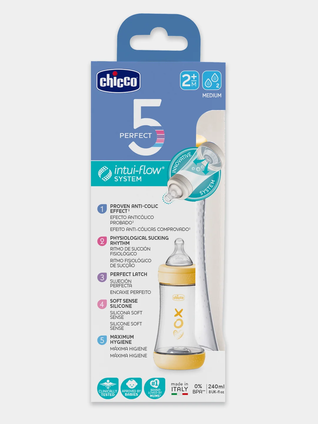 CHICCO Бутылочка Perfect5 Uni 2мес.+,сил.соска средн.поток,РР,240мл. NEW