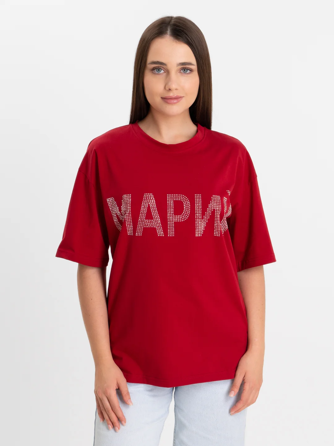 Красный футболка женская, оверсайз со стразами "МАРИЙ"  хлопковая