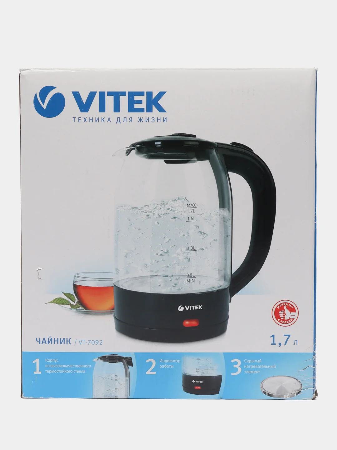 Чайник электрический VITEK VT-7092 1.7 л, прозрачный, черный