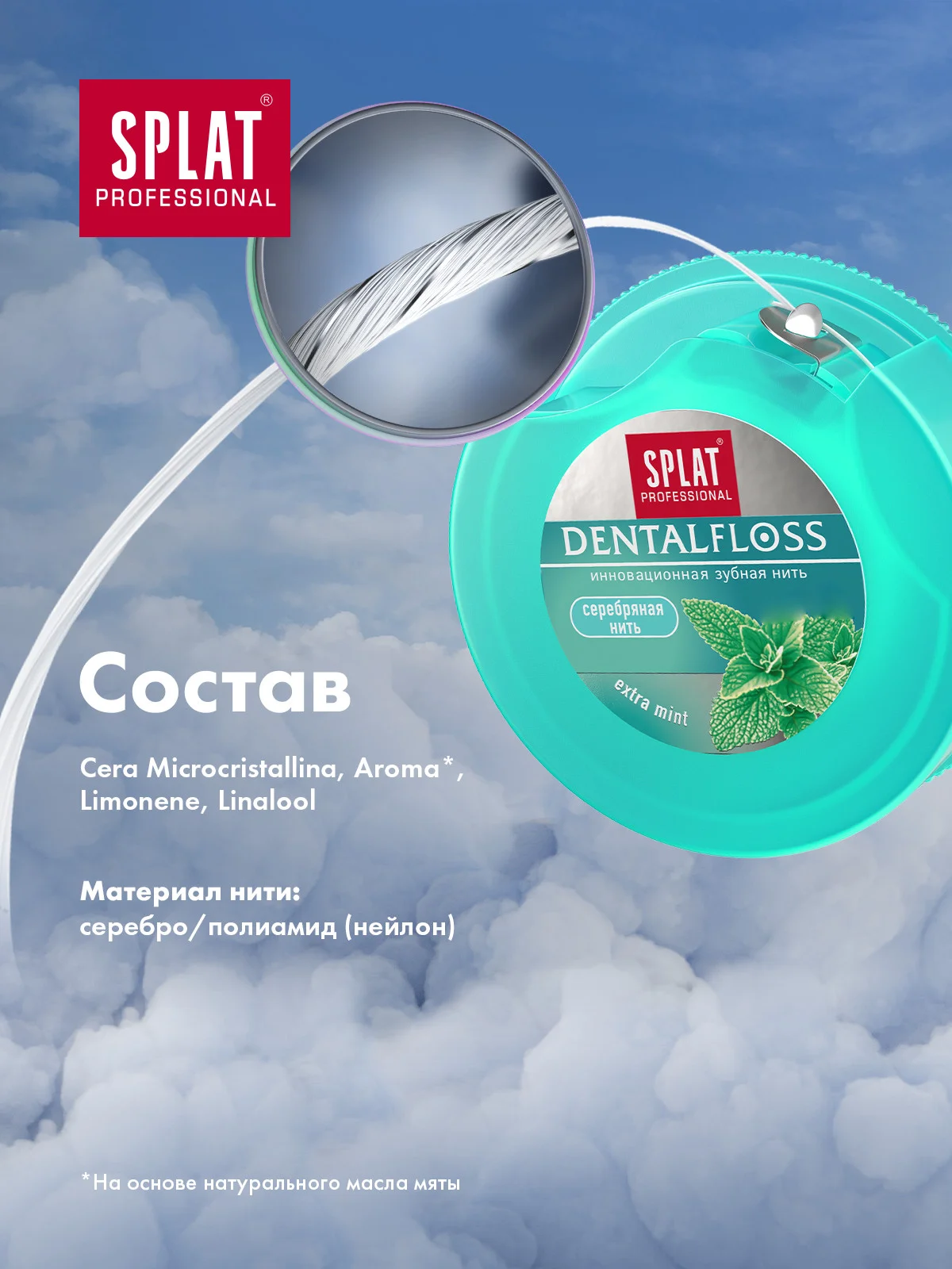 Зубная нить с волокнами серебра Splat DentalFloss, мятная, тонкая, 30 м