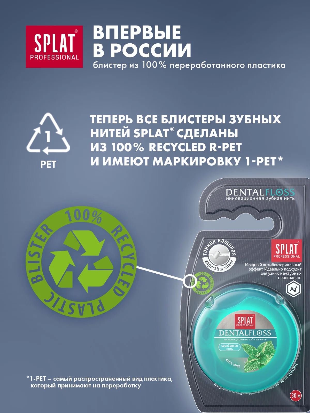 Зубная нить с волокнами серебра Splat DentalFloss, мятная, тонкая, 30 м