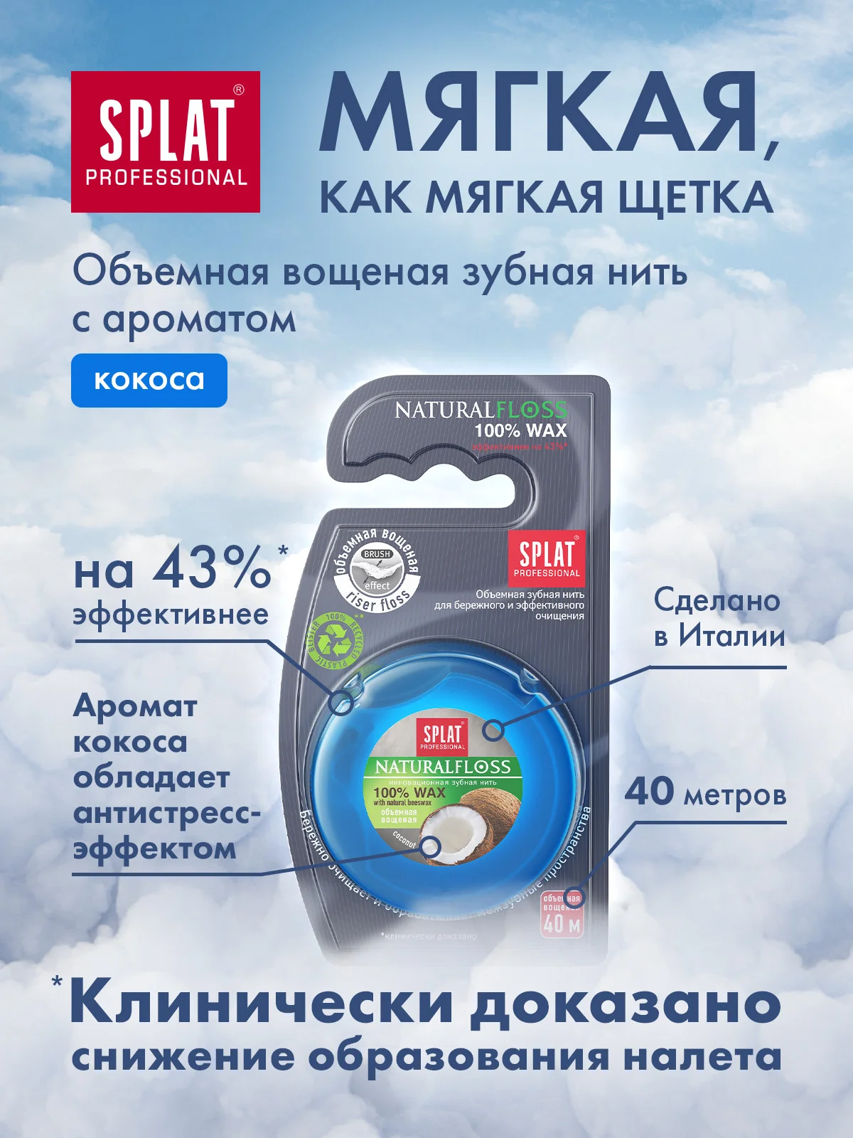 Зубная нить объемная SPLAT Professional DentalFloss, с ароматом кокоса, вощеная, 40 м