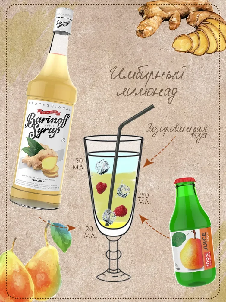 Сироп Barinoff "Имбирь", для кофе и коктейлей, 1 л
