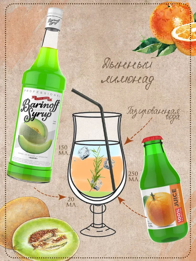 Сироп Barinoff "Дыня", для кофе и коктейлей, 1 л
