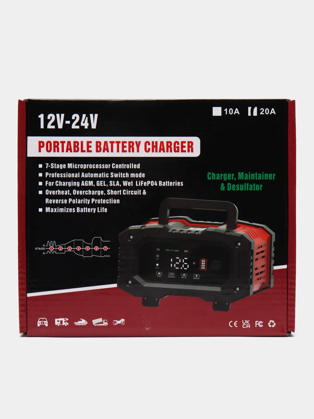 Зарядное устройство для аккумуляторов FOXSUR 20A, 12V-20A / 24V-10A