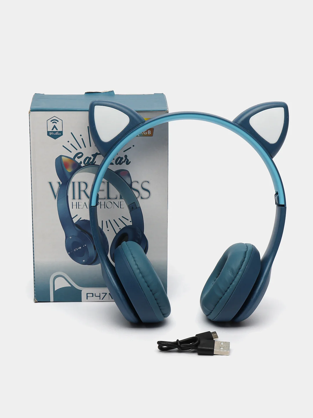 Синий беспроводные наушники светящиеся, ушки кошки MZ-P47 Bluetooth 5.0 с микрофоном, FM SD Mp3