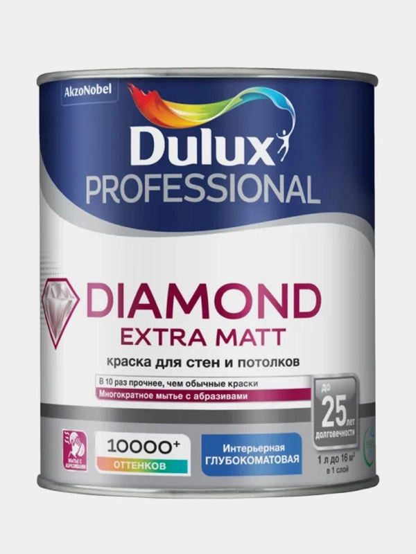 Краска DULUX DIAMOND EXTRA MATT, 1 л, стены и потолки, акриловая, глубокоматовая, белая
