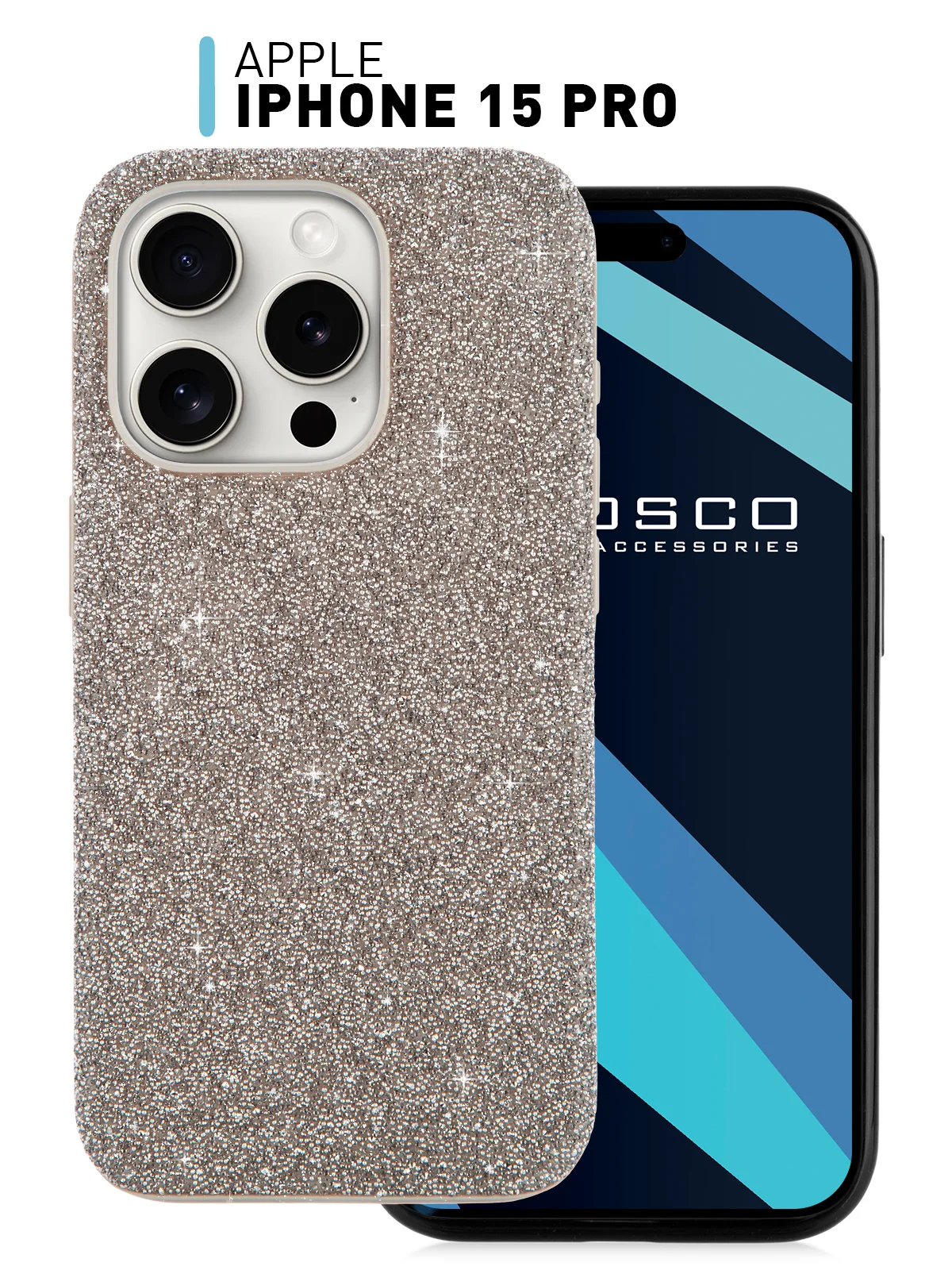 Чехол на Apple iPhone 15 Pro блестящий ROSCO пластиковый с силиконом стразами кристаллами