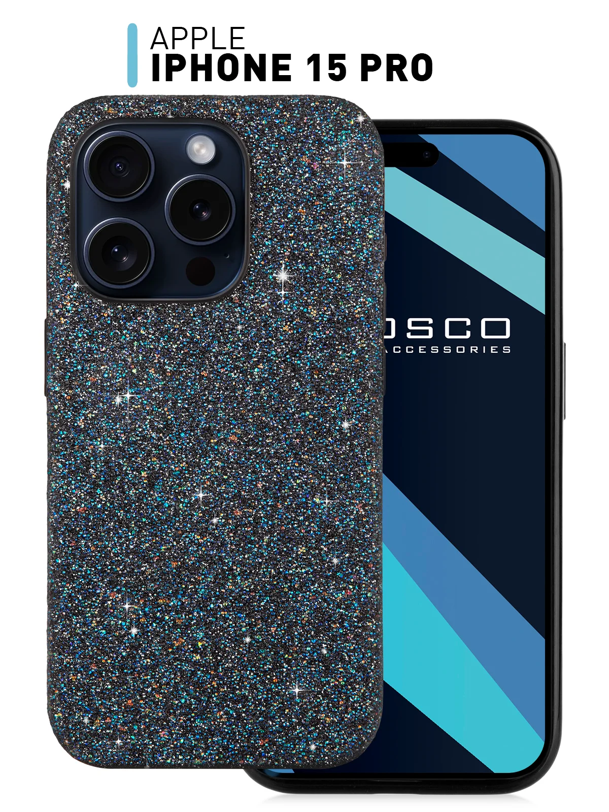 Чехол на Apple iPhone 15 Pro блестящий ROSCO пластиковый с силиконом стразами кристаллами